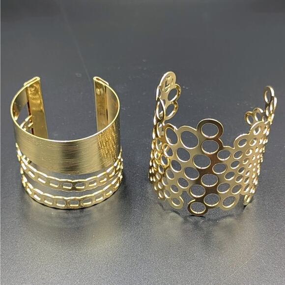 Authentic Vintage Paco Rabanne Gold Cut-Out Bubble Cuff + Modern Geo Cuff Set - Picture 2 of 4